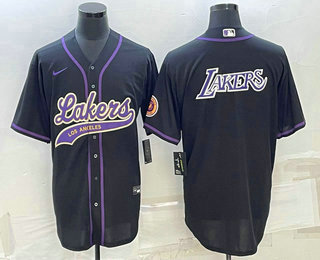 Mens Los Angeles Lakers Black Big Logo Cool Base Stitched Baseball Jersey->->NBA Jersey
